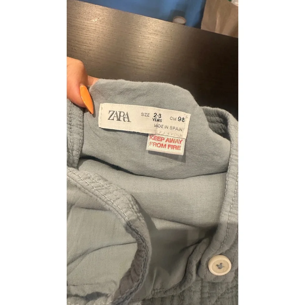 Zara Kids Unisex Blue Textured Cotton Gauze Bib Overalls Size 2-3 Years